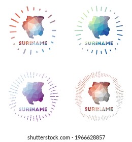 Suriname low poly sunburst set. Logo of country in geometric polygonal style. Vector illustration.