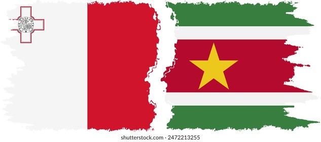 Suriname and Malta grunge flags connection, vector