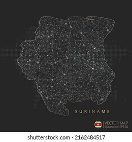 Suriname map abstract geometric mesh polygonal light concept with black and white glowing contour lines countries and dots on dark background. Vector illustration.