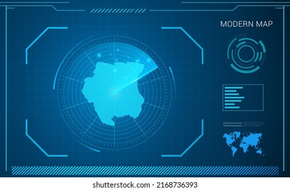 Suriname map of blue digital frame technology radar vector HUD, GUI, UI interface.