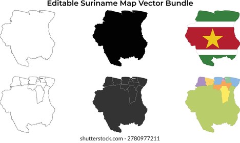 Suriname map bundle: outline, silhouette, flag, and districts