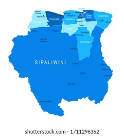 Mapa de Surinam. Regiones de ciudades Ejemplo vectorial