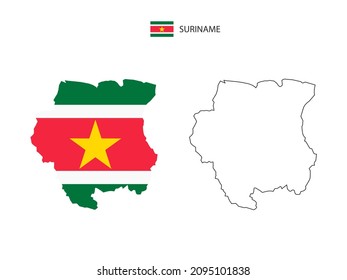 Suriname Map City Vector Divided By Outline Simplicity Style. Have 2 Versions, Black Thin Line Version And Color Of Country Flag Version. Both Map Were On The White Background.