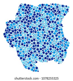 Suriname Map collage of dots in different sizes and blue color hues. Scattered round spots are organized into Suriname Map composition. Vector geography blue map design concept.