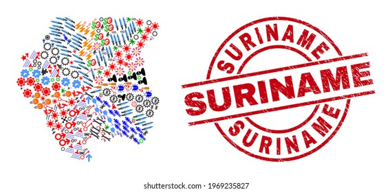 Suriname Karte Collage und Suriname Rot Rundstempel Siegel. Suriname-Siegel verwendet Vektorlinien und Bögen. Suriname Map Mosaik enthält Marker, Häuser, Schraubenzieher, Sonnen, Hände und mehr Symbole.