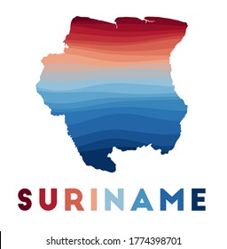 Suriname map. Map of the country with beautiful geometric waves in red blue colors. Vivid Suriname shape. Vector illustration.