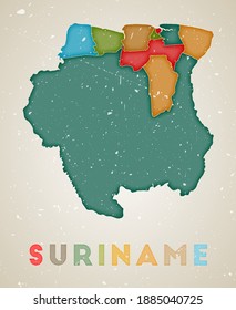 Suriname map. Country poster with colored regions. Old grunge texture. Vector illustration of Suriname with country name.