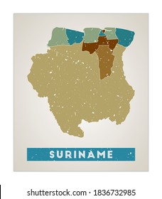 Suriname map. Country poster with regions. Old grunge texture. Shape of Suriname with country name. Neat vector illustration.