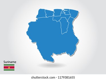 Suriname map design with 3D style. Blue Suriname map and National flag. Simple vector map with contour, shape, outline, on white.