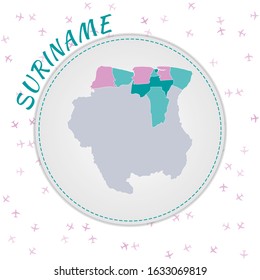 Suriname map design. Map of the country with regions in emerald-amethyst color palette. Rounded travel to Suriname poster with country name and airplanes background. Superb vector illustration.