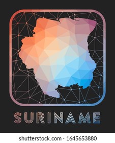 Suriname map design. Vector low poly map of the country. Suriname icon in geometric style. The country shape with polygnal gradient and mesh on dark background.