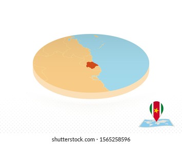 Suriname map designed in isometric style, orange circle map of Suriname for web, infographic and more.