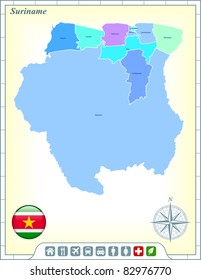 Suriname Map with Flag Buttons and Assistance & Activates Icons Original Illustration
