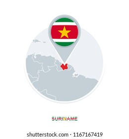 Suriname map and flag, vector map icon with highlighted Suriname