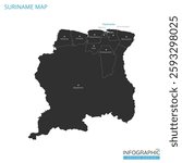 Suriname map high detailed with administrative divide by state, capital cities names, outline simplicity style. Vector illustration EPS10.