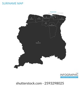 Suriname map high detailed with administrative divide by state, capital cities names, outline simplicity style. Vector illustration EPS10.