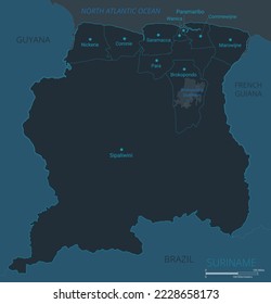 Suriname map. High detailed map of Suriname with countries, borders, cities, water objects. Vector illustration eps10.