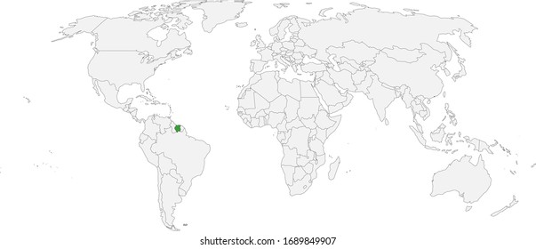 Suriname map highlighted on world map. Light gray background. Perfect for backgrounds, backdrop, chart, label, sticker, poster, banner and wallpapers.