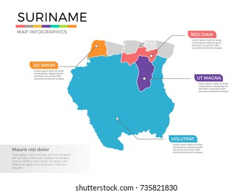 Suriname map infographics vector template with regions and pointer marks