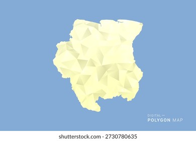 Mapa de Surinam en estilo de Vector de polígono bajo, ilustración de forma geométrica con tonos amarillos suaves sobre fondo azul, silueta limpia para infografía.