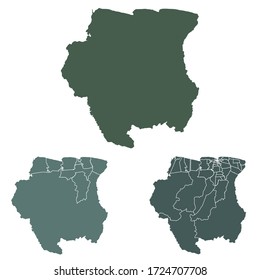 Suriname map outline vector with administrative borders, regions, municipalities, departments in black white colors. Infographic design template map.