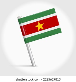 Suriname map pin flag icon. Surinamese pennant map marker on a metal needle. 3D realistic vector illustration.