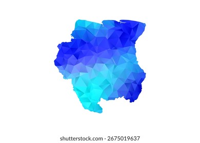 Mapa do Suriname - Ilustração do vetor estilo polígono em gradiente azul, baixo projeto geométrico poly, isolado no fundo branco, perfeito para infográficos, educação e apresentações modernas.