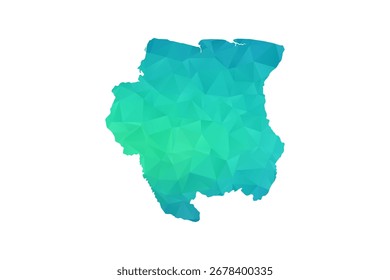 Suriname Map - Vektorgrafik im Polygonstil in grünem und blauem Farbverlauf, Geometrisches Design mit niedrigem Poly, einzeln auf weißem Hintergrund, perfekt für Infografiken und den Lerneinsatz.