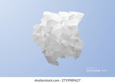 Surinam Map - Ilustración vectorial de estilo polígono en tonos grises, blancos y azules, diseño geométrico de bajo poli, silueta mínima, adecuada para infografía y diseño moderno.