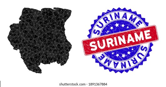 Suriname map polygonal mesh with filled triangles, and scratched bicolor stamp imitation. Triangle mosaic Suriname map with triangular vector model, triangles have different sizes, and positions,