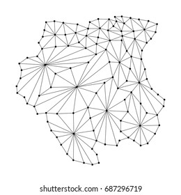 Suriname map of polygonal mosaic lines network, rays and dots vector illustration.