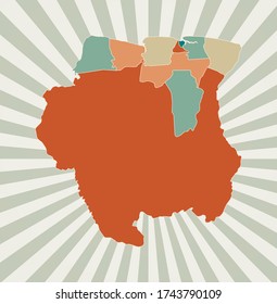 Suriname map. Poster with map of the country in retro color palette. Shape of Suriname with sunburst rays background. Vector illustration.