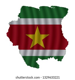 Suriname map with rippled flag on white illustration. Waving Fabric Flag Map of Suriname. Map of South America. Vector White Background. Vector illustration eps10.