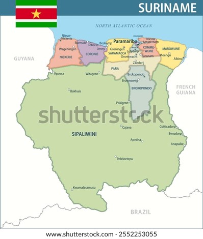 Suriname Map Vector New 2024 Colorful - Customizable layered political map of Suriname with administrative divisions for website, education, reports, news, politics, print, poster and wallpaper