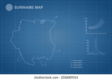 Suriname Map - World Map International vector template with outline style and white color isolated on blueprint background - Vector illustration eps 10