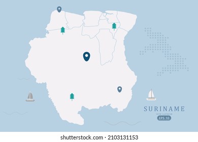 Suriname Map - World Map International vector template High detailed with white color isolated on blue background including simple point of location, tree, boat icon - Vector illustration eps 10