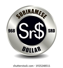 Suriname money icon isolated on round silver coin. Vector sign of currency symbol with international ISO code and abbreviation