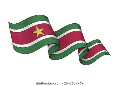 Suriname national flag waving ribbon shape with engraved vintage texture