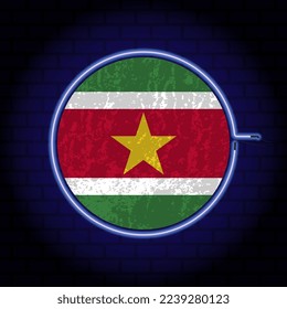 Suriname neon grunge flag on wall backgrond. Vector illustration.