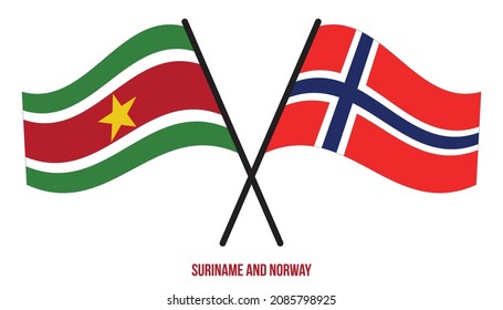 Suriname and Norway Flags Crossed And Waving Flat Style. Official Proportion. Correct Colors.