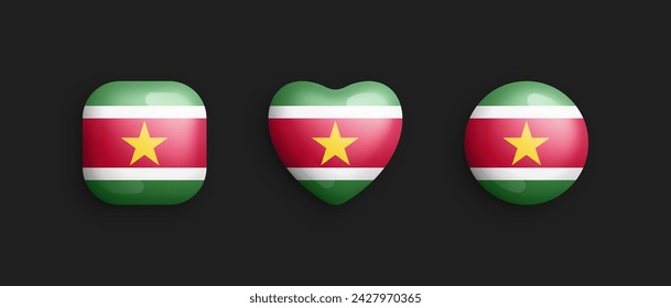 Suriname Official National Flag 3D Vector Glossy Icons In Rounded Square, Heart And Circle Shapes Isolated On Black. Surinamese Sign And Symbols Graphic Design Elements Volumetric Buttons Collection