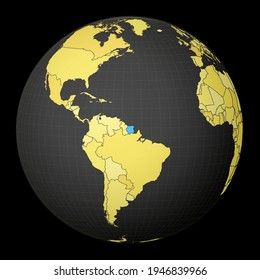 Suriname on dark globe with yellow world map. Country highlighted with blue color. Satellite world projection centered to Suriname. Modern vector illustration.