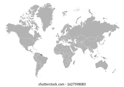 Suriname on detailed world map. With overlay Suriname flag. The location of the country of Suriname on the world map.