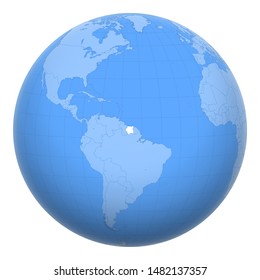 Suriname on the globe. Earth centered at the location of the Republic of Suriname. Map of Surinam. Includes layer with capital cities.