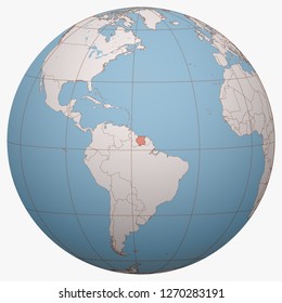 Suriname on the globe. Earth hemisphere centered at the location of the Republic of Suriname. Surinam map.