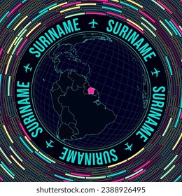 Suriname on globe. Satellite view of the world centered on Suriname. Bright neon style. Futuristic radial bricks background. Trendy vector illustration.