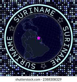 Suriname on globe vector. Futuristic satelite view of the world centered to Suriname. Geographical illustration with shape of country and squares background. Bright neon colors on dark background.