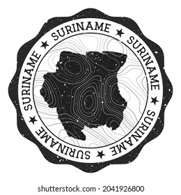 Suriname outdoor stamp. Round sticker with map of country with topographic isolines. Vector illustration. Can be used as insignia, logotype, label, sticker or badge of the Suriname.