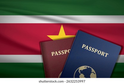 Pasaporte de Surinam con fondo de la bandera de Surinam	