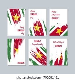 Suriname Patriotic Cards for National Day. Expressive Brush Stroke in Flag Colors on white card background. Vector Greeting Card.